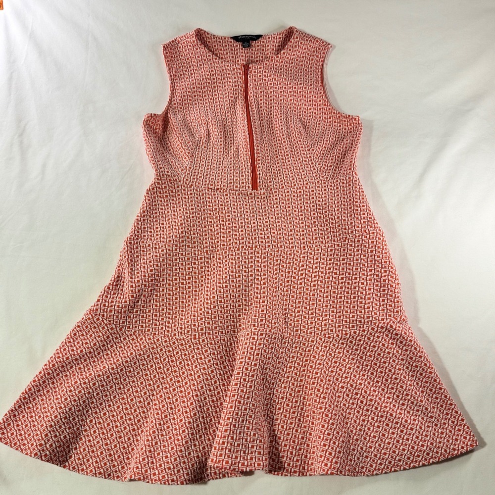 Sharagano Dress Womens 12 Orange White Geometric Zip Front Fit Flare Ruffle Hem